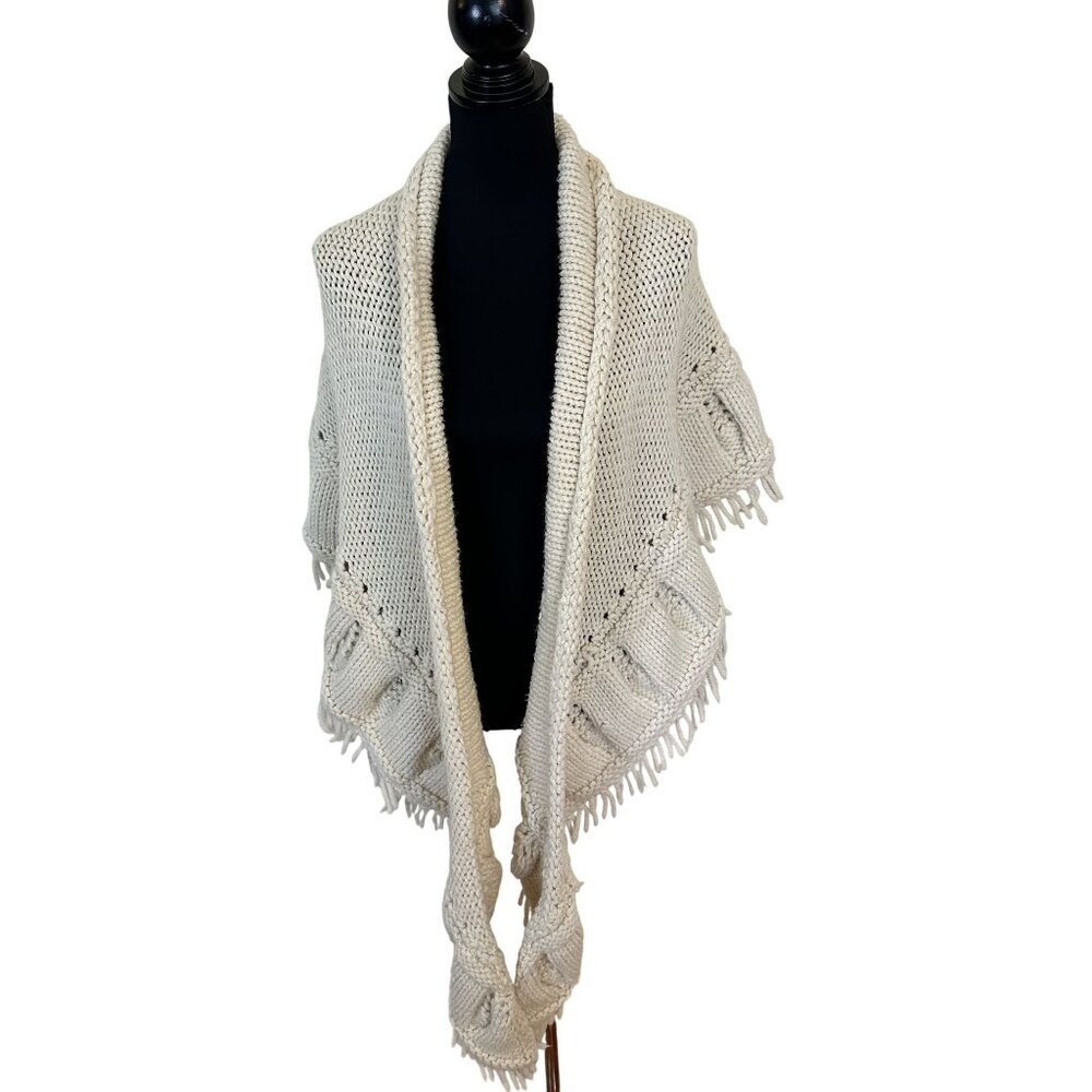 Handmade Knit Cream Shawl With Fringe Leaf Pattern Design 90 X 24  Cozy Cottage